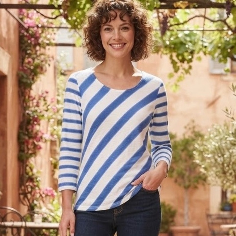 Chicos Women Blue White Stripe Slub Knit Scoop Neck 3/4 Sleeve Top Size 1 Medium